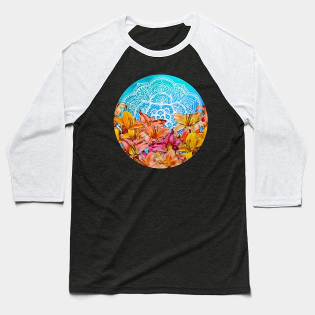 Orange Lilies & White Mandala on Blue Baseball T-Shirt by micklyn